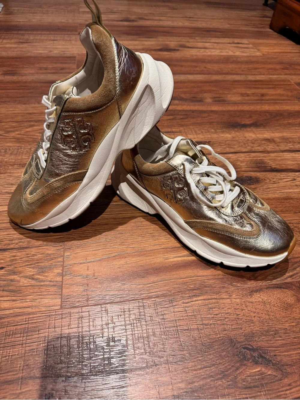 Tory Burch Metallic Gold and White Platform Sneakers
